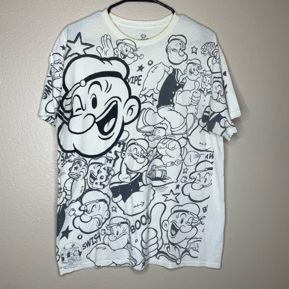 Liquid Blue Popeye Cartoon Design White Short Sleeve Shirt Size Large